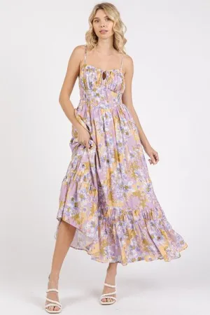 Lavender Floral Smocked Back Ruffled Hem Maxi Cami Dress