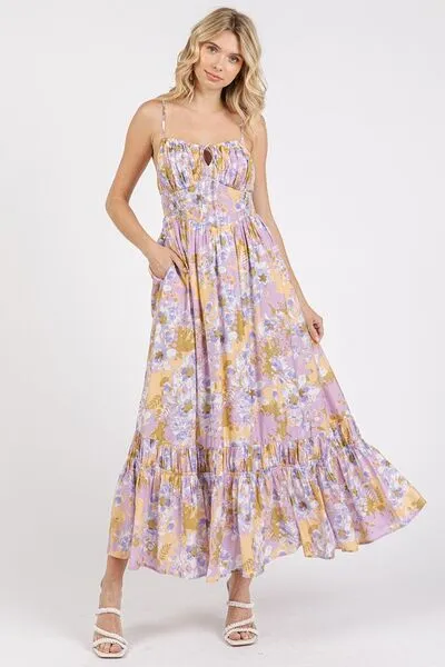 Lavender Floral Smocked Back Ruffled Hem Maxi Cami Dress