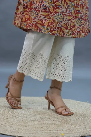 Pakistani Cut Work Cream Straight Pant In Cotton