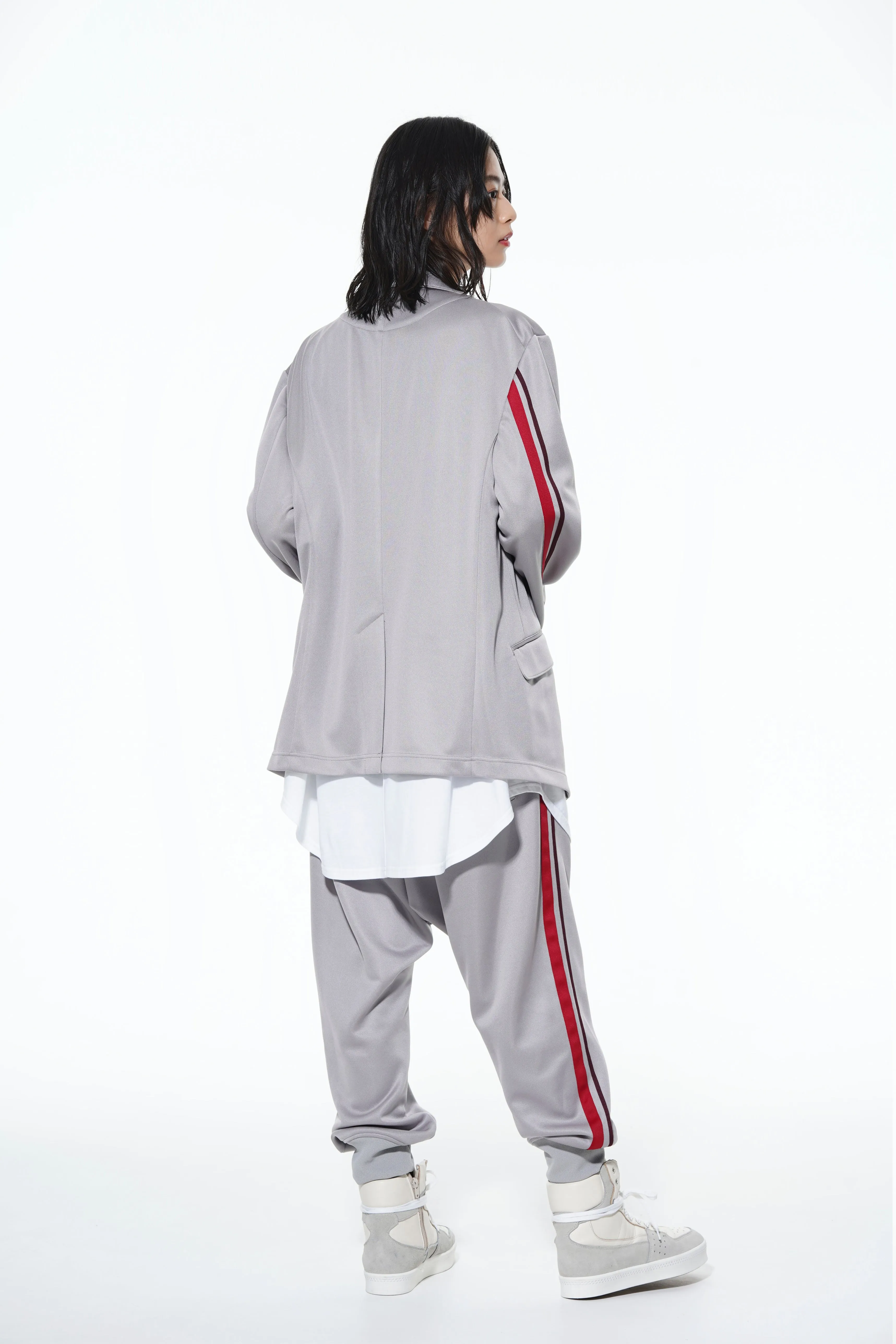 PE/SMOOTH JERSEY GEOMETRIC PATTERN EMBROIDERY SIDE TAPE LINE SAROUEL RIB PANTS