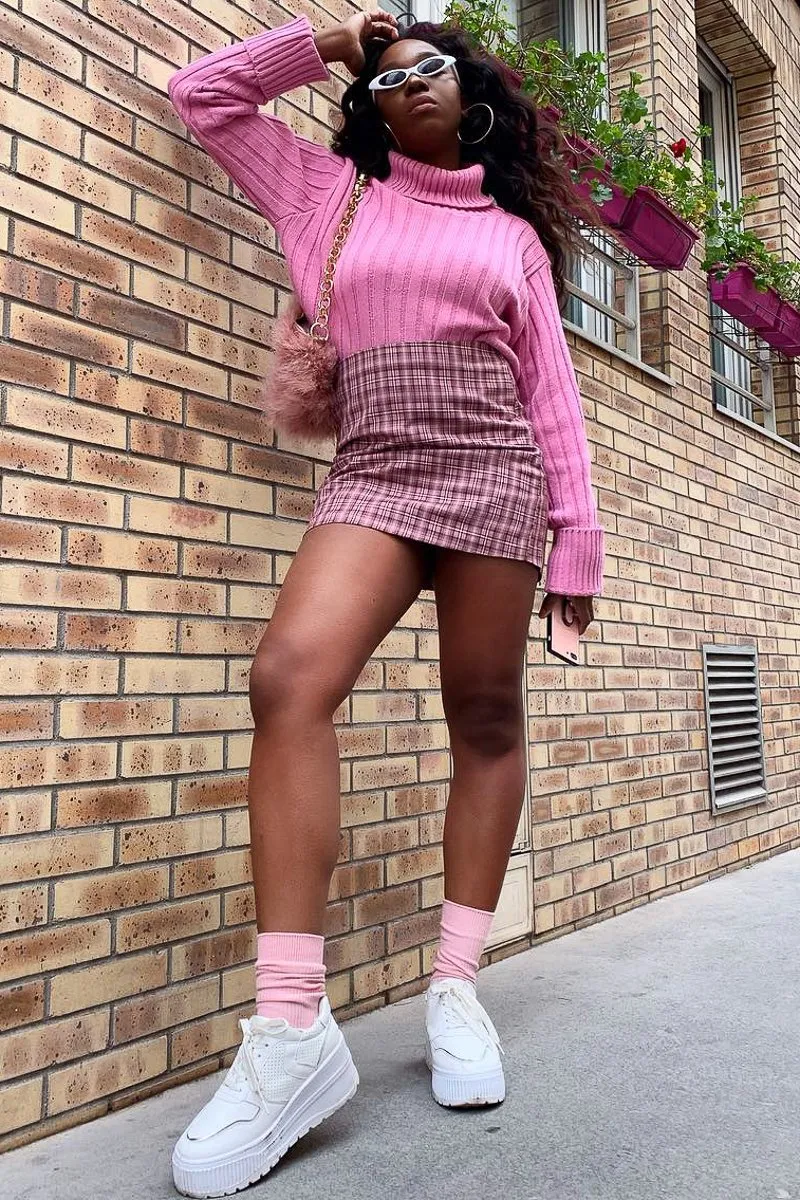 Pink Checked Bodycon Mini Skirt - Adaya