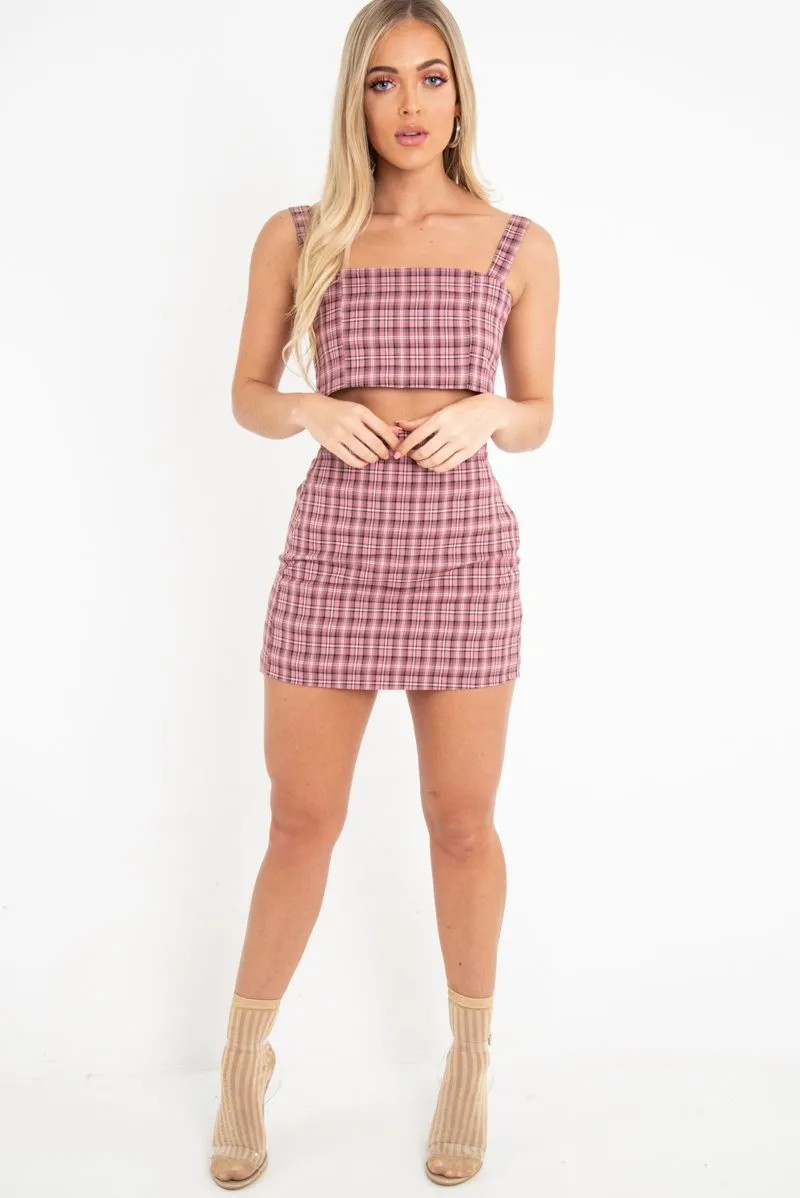 Pink Checked Bodycon Mini Skirt - Adaya