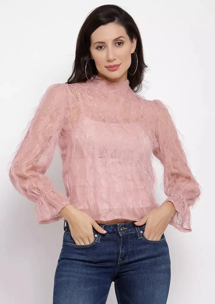 Pink High Neck Lace Top