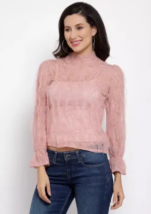 Pink High Neck Lace Top