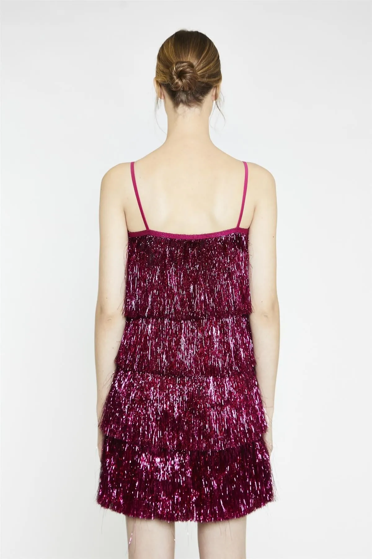 Pink-Tinsel Fringe Mini-Dress