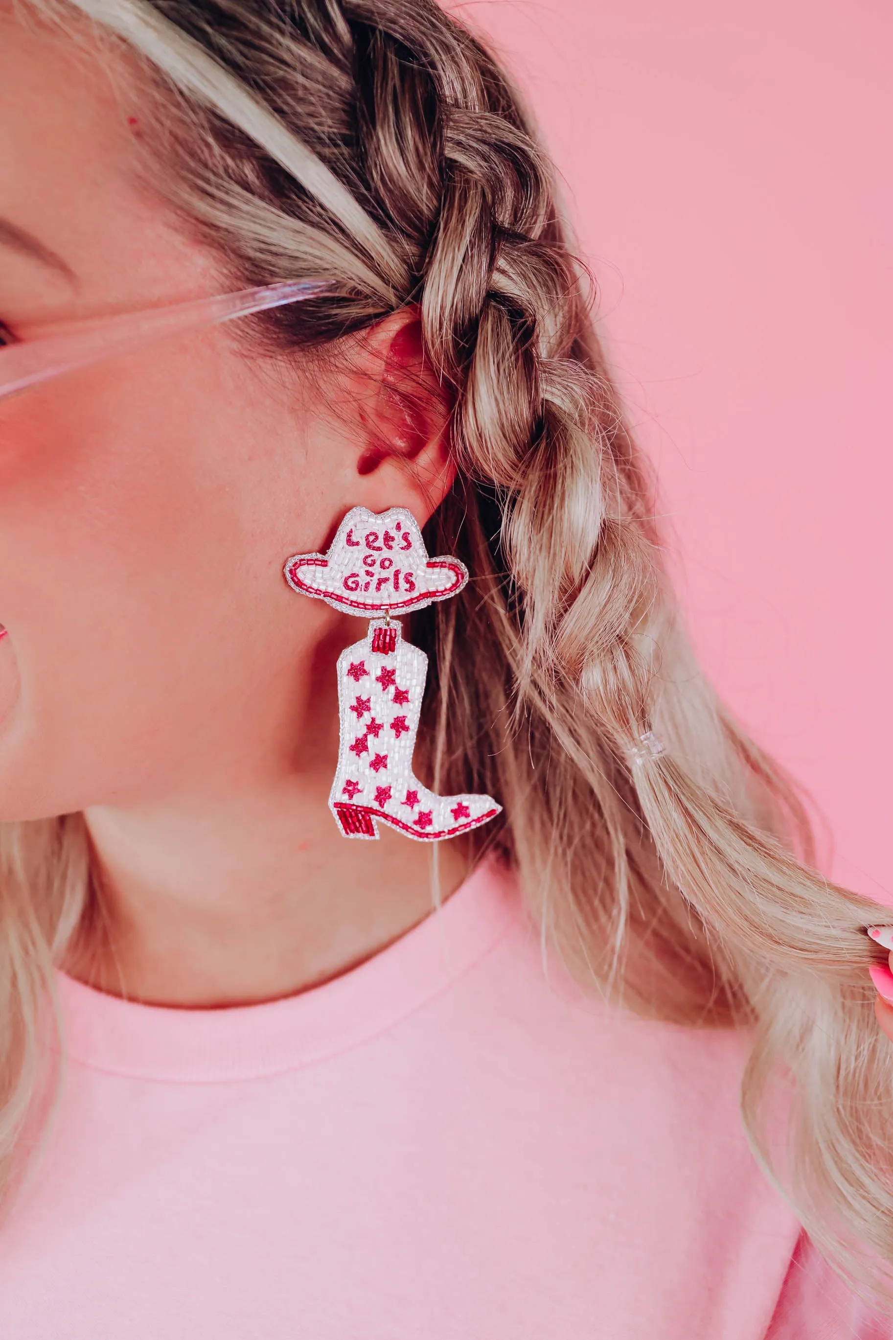 "Let's Go Girls" Cowboy Boot Earrings by Taylor Shaye - Pink/Silver