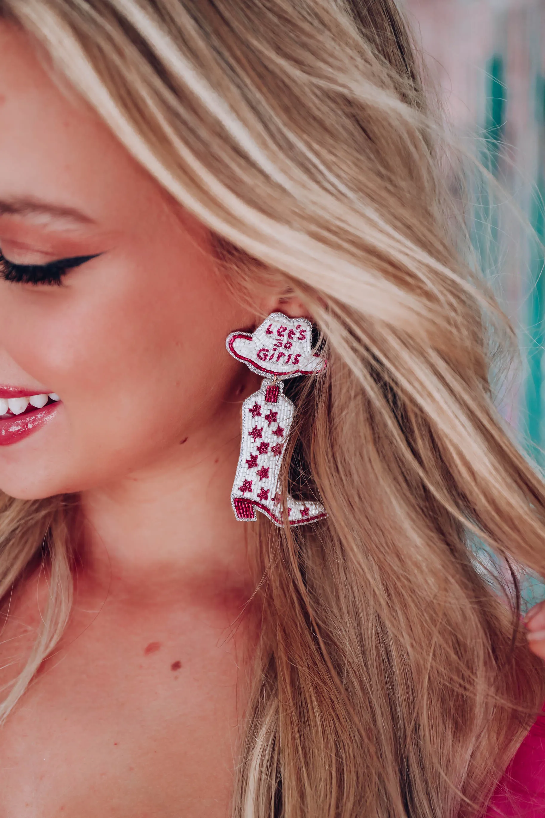 "Let's Go Girls" Cowboy Boot Earrings by Taylor Shaye - Pink/Silver