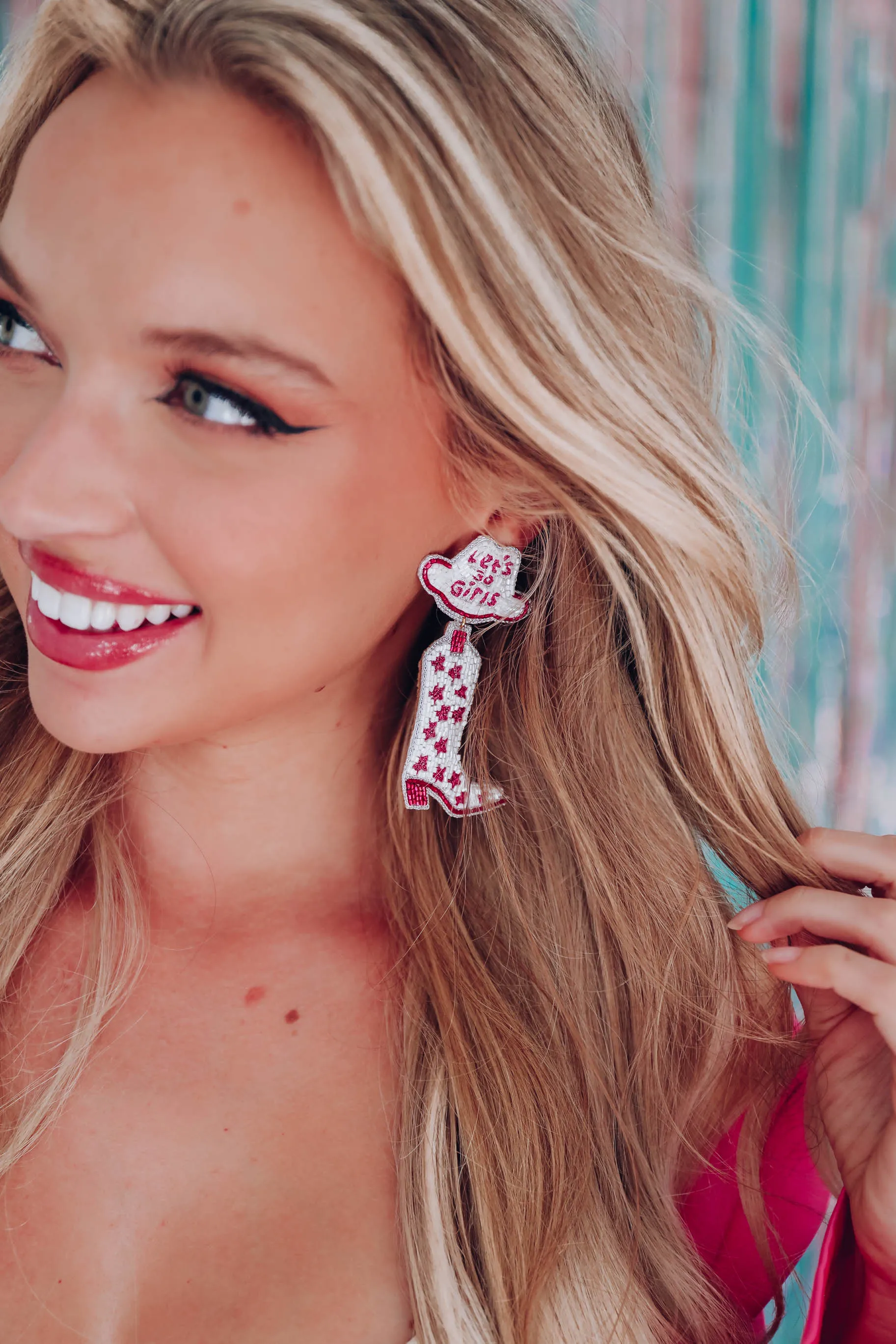 "Let's Go Girls" Cowboy Boot Earrings by Taylor Shaye - Pink/Silver