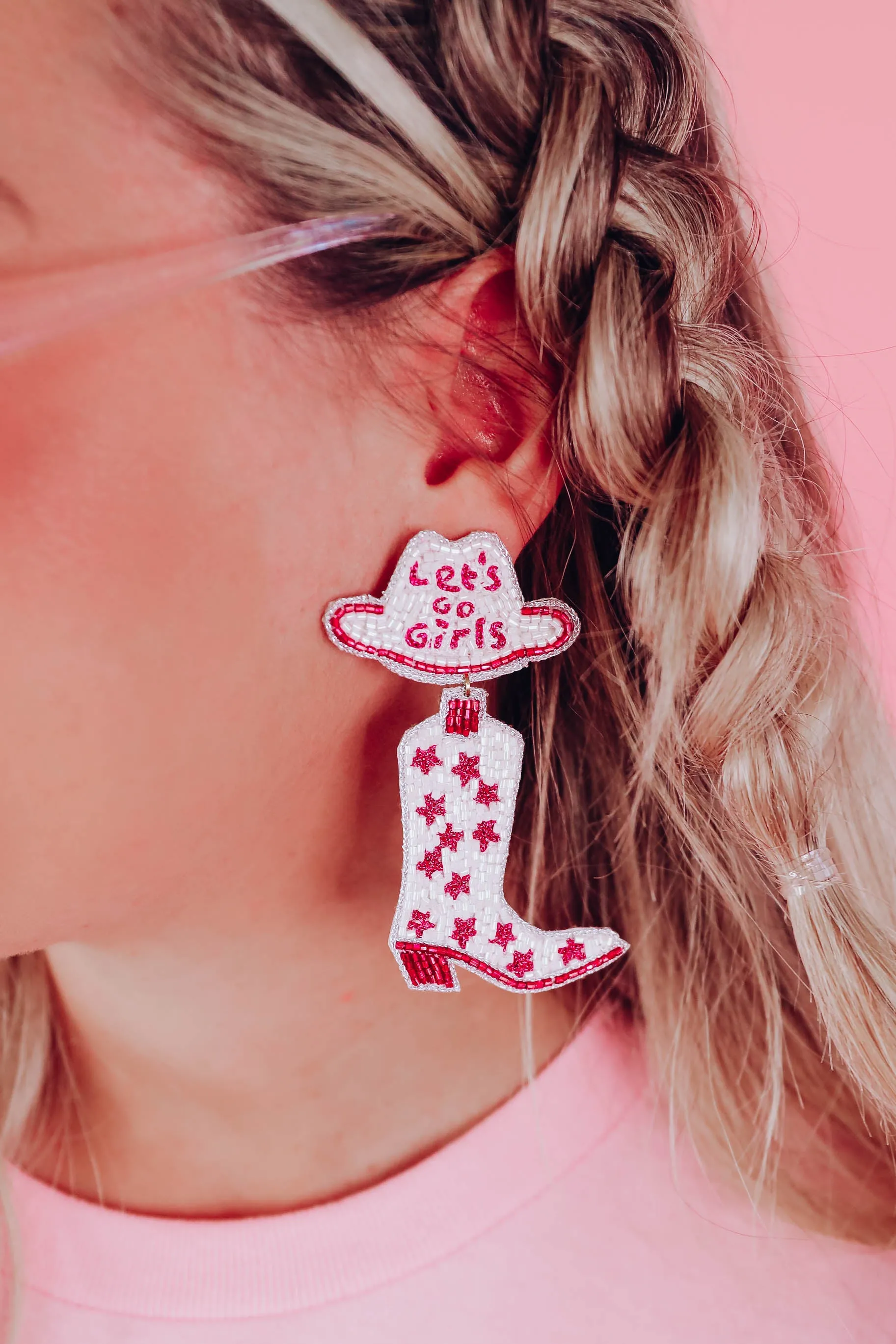 "Let's Go Girls" Cowboy Boot Earrings by Taylor Shaye - Pink/Silver