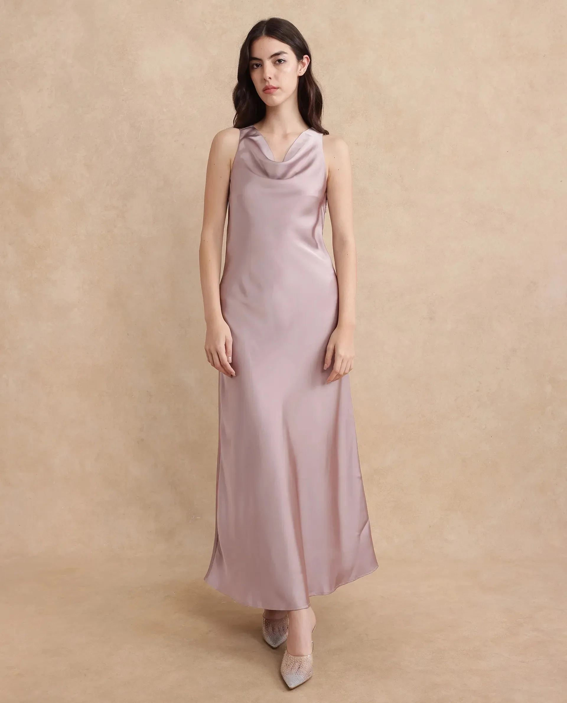 Rareism Women Zarina Dusky Beige Sleeveless Cowl Neck Zipper Closure Bodycon Maxi Plain Dress