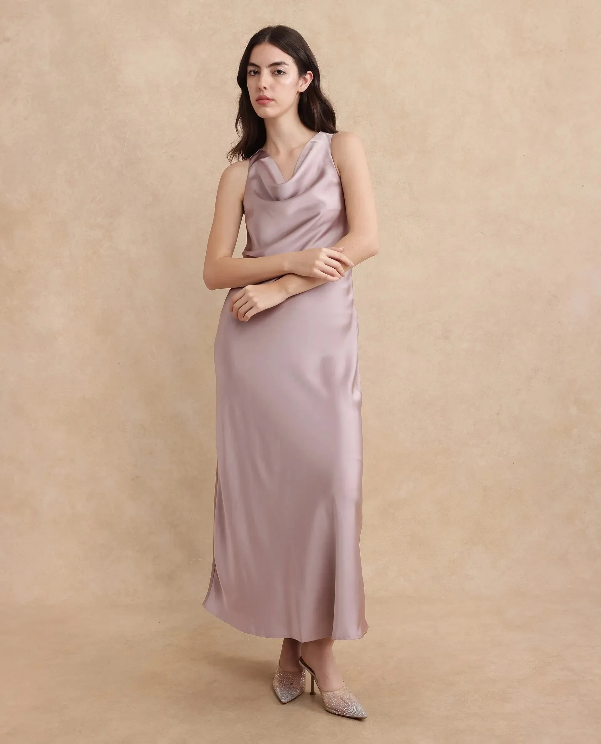 Rareism Women Zarina Dusky Beige Sleeveless Cowl Neck Zipper Closure Bodycon Maxi Plain Dress