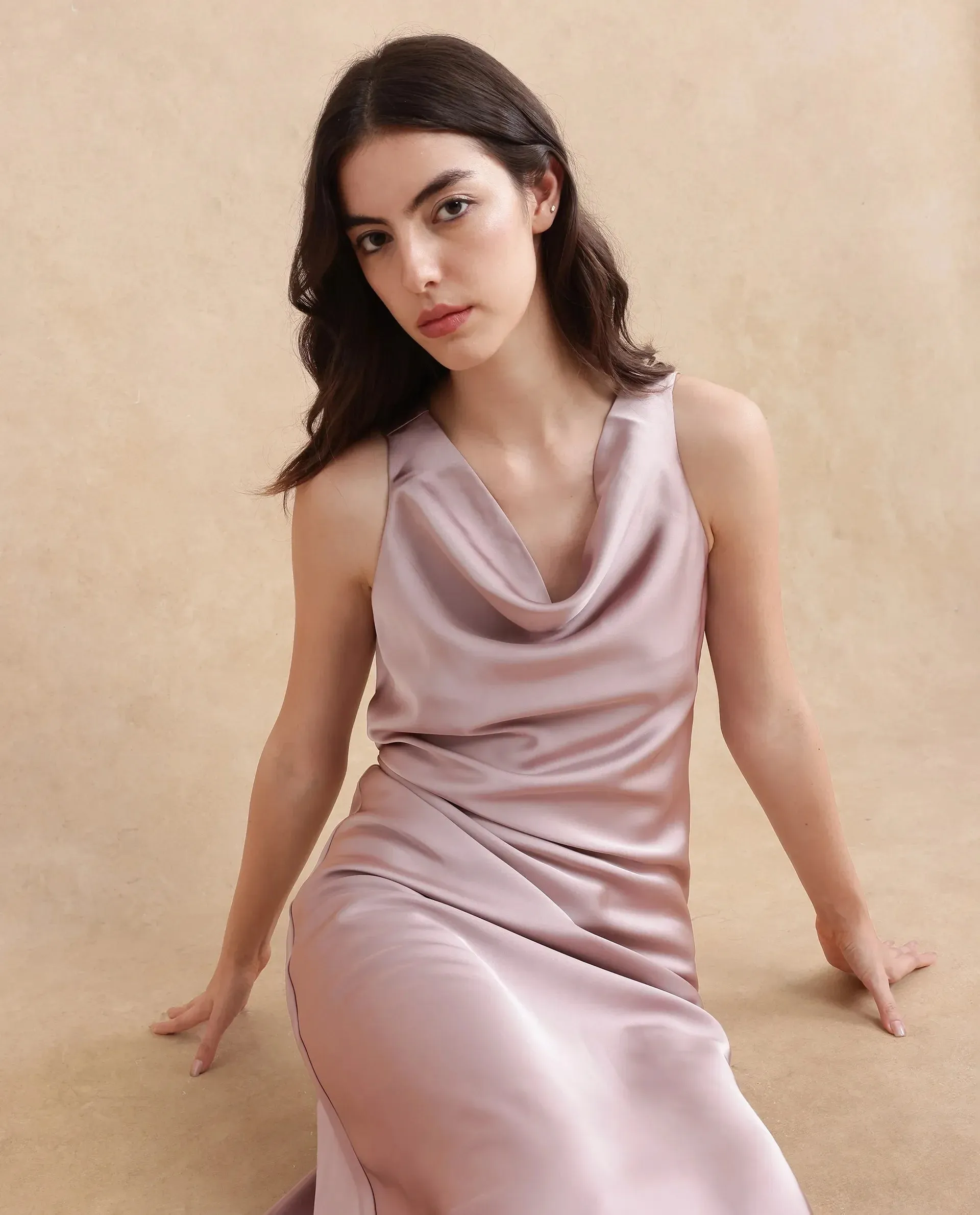 Rareism Women Zarina Dusky Beige Sleeveless Cowl Neck Zipper Closure Bodycon Maxi Plain Dress