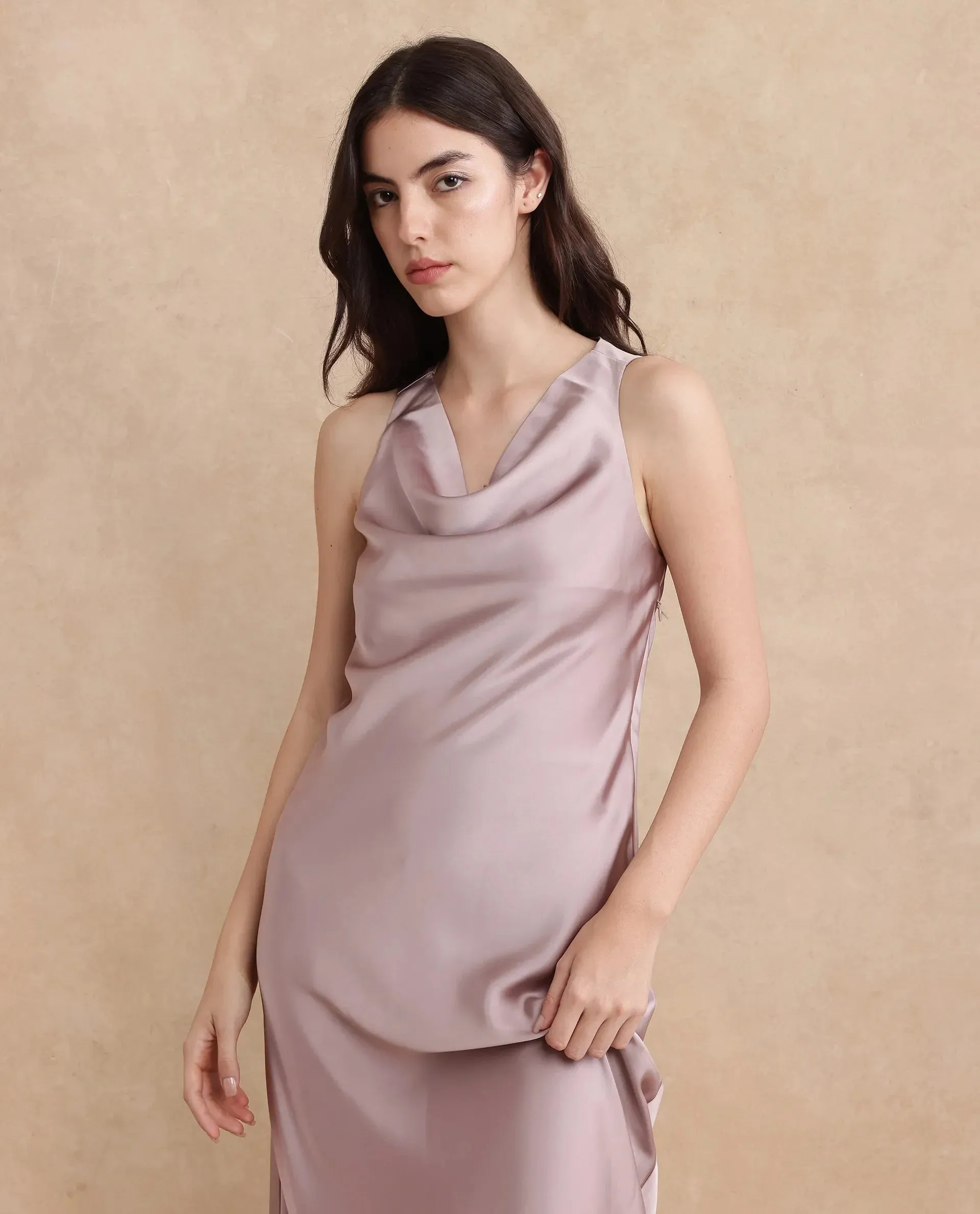 Rareism Women Zarina Dusky Beige Sleeveless Cowl Neck Zipper Closure Bodycon Maxi Plain Dress