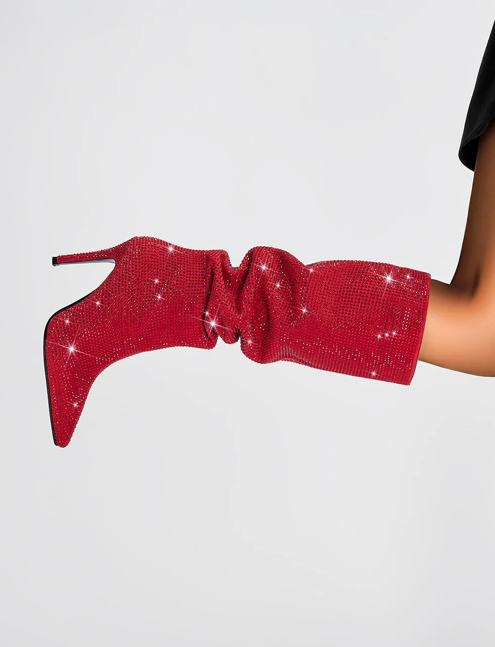 Red High Heel Pointed Toes Luxury Bling Rhinestone Boots Shoes
