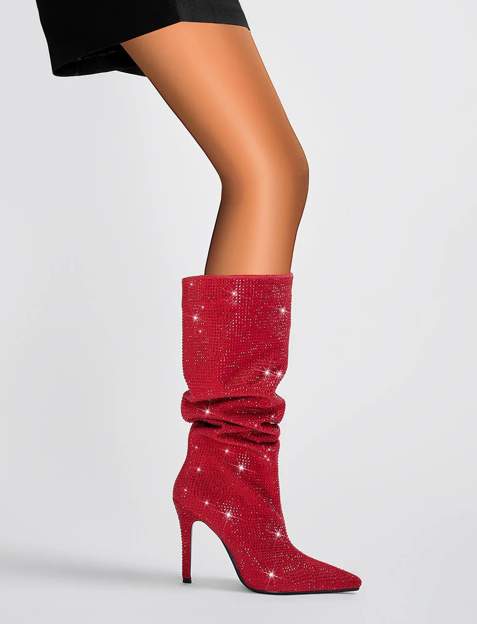 Red High Heel Pointed Toes Luxury Bling Rhinestone Boots Shoes