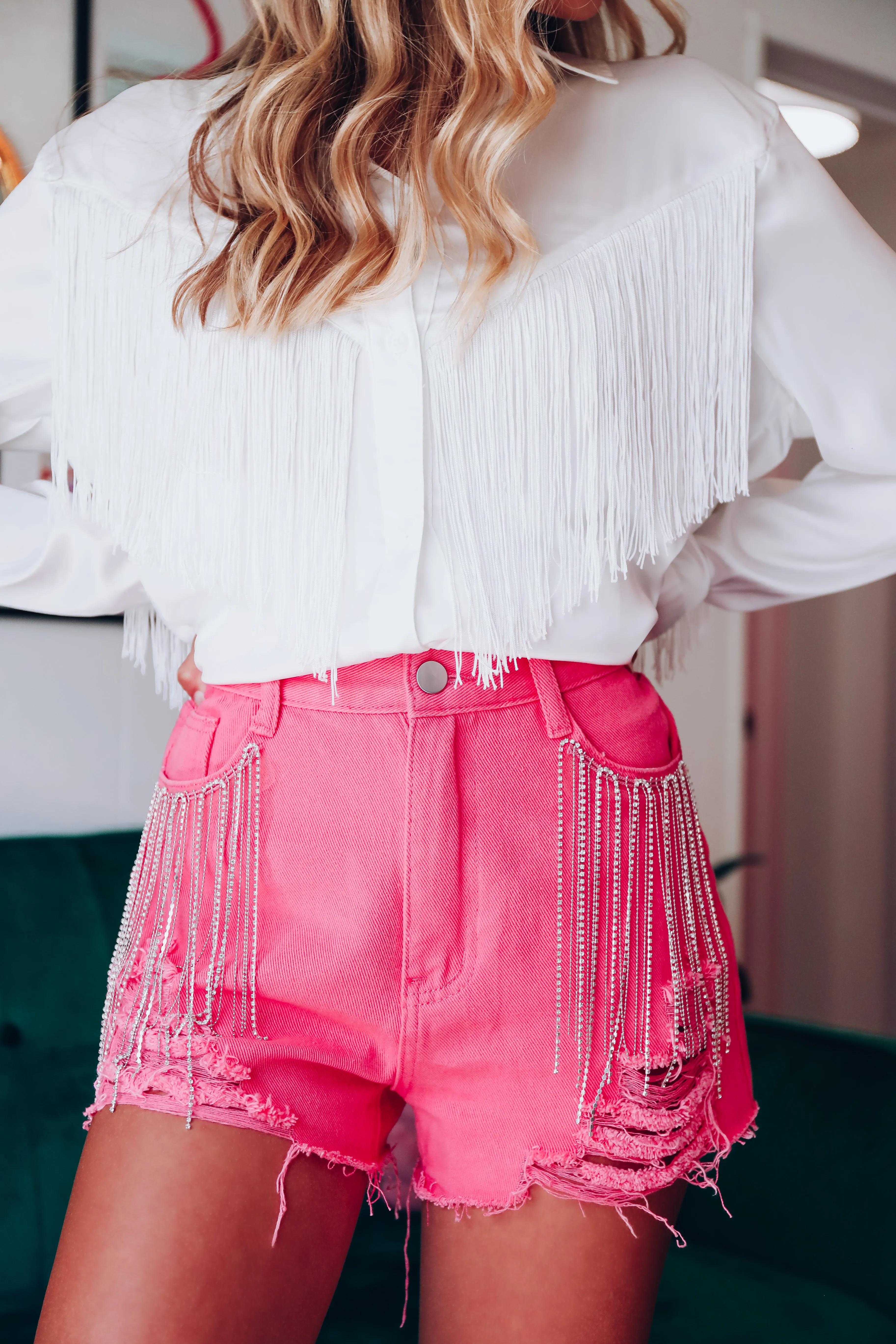 Rock It Rhinestone Denim Shorts - Pink