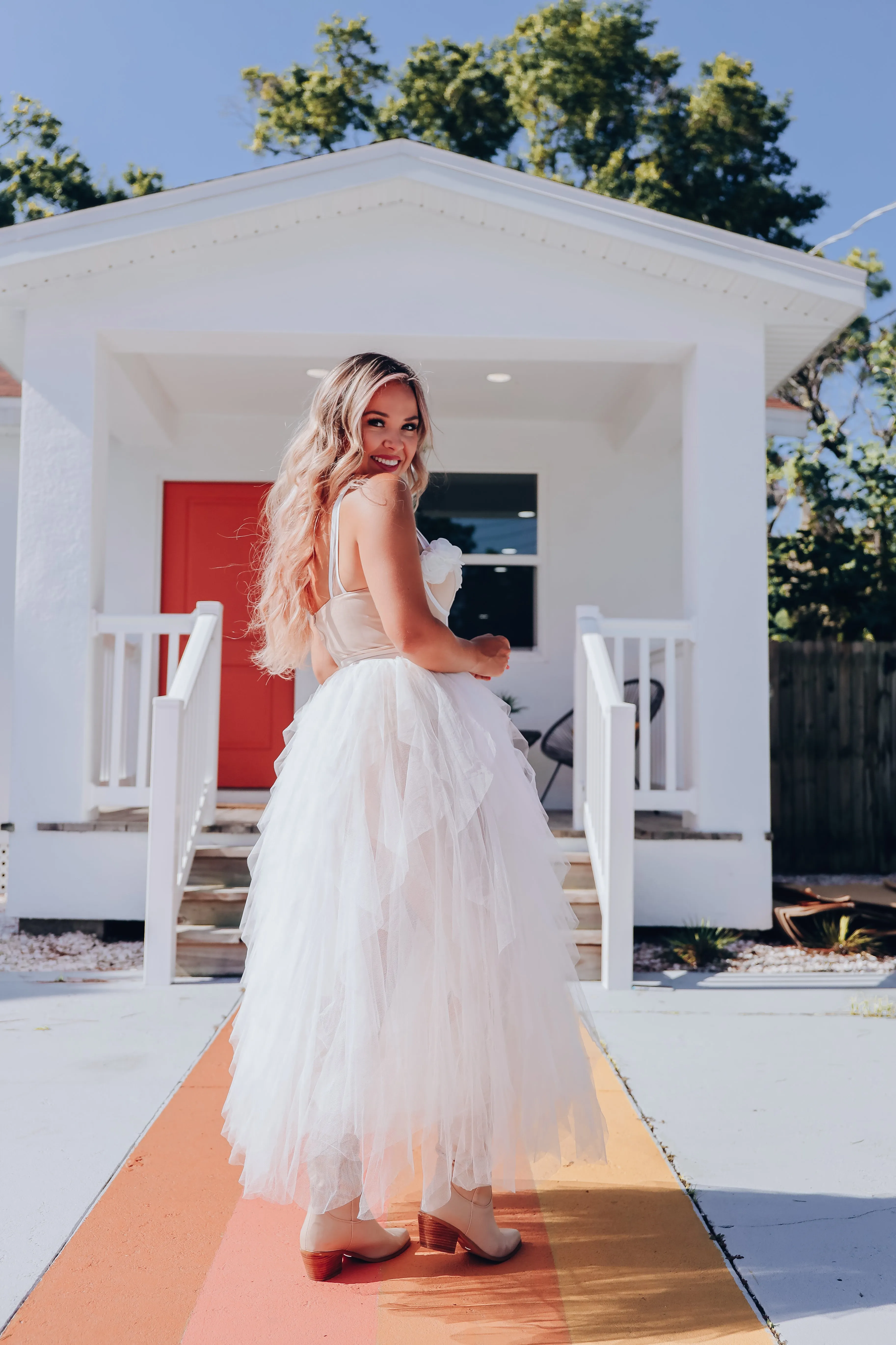 Romantic Rose Tulle Bodysuit Dress - White