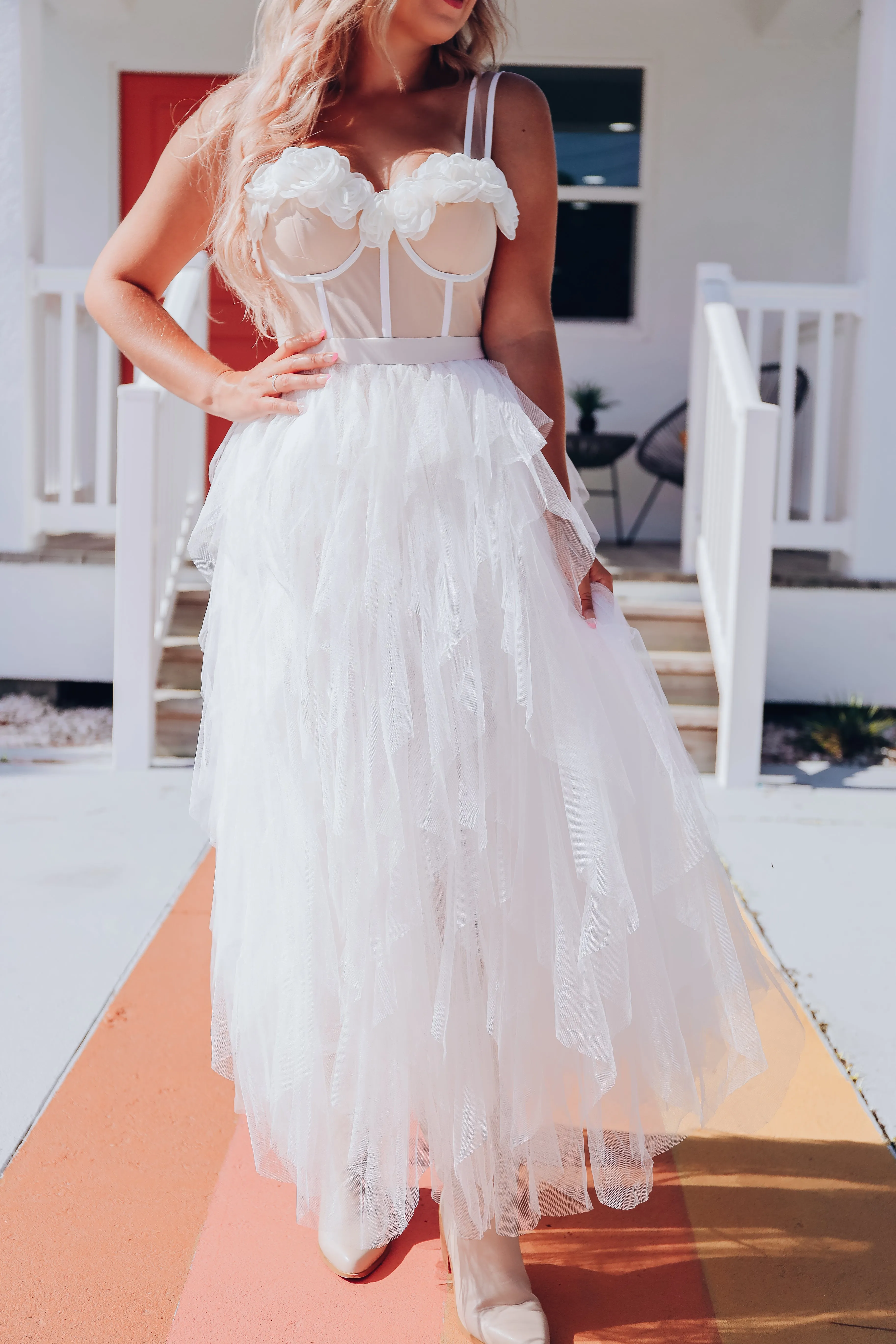 Romantic Rose Tulle Bodysuit Dress - White