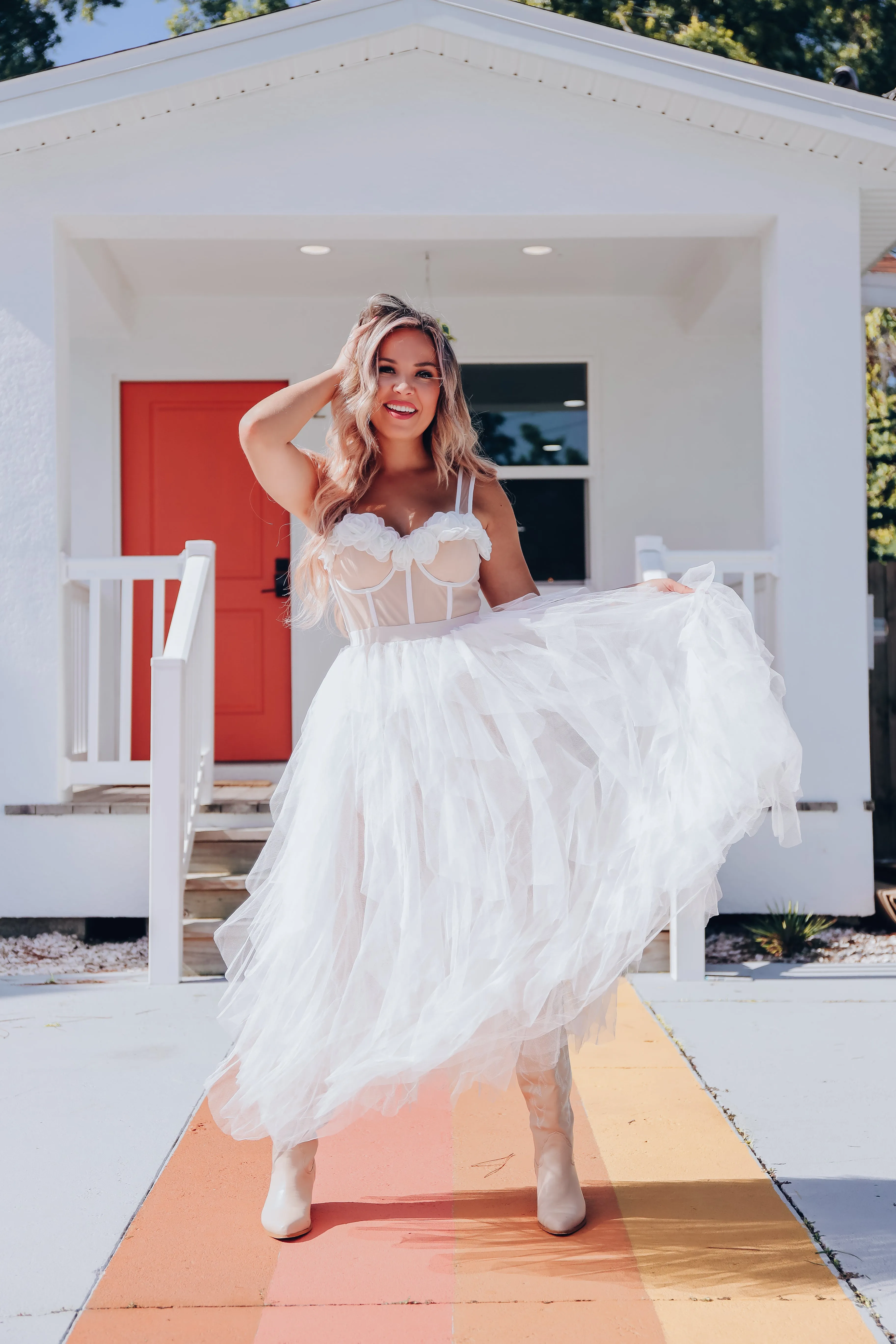 Romantic Rose Tulle Bodysuit Dress - White