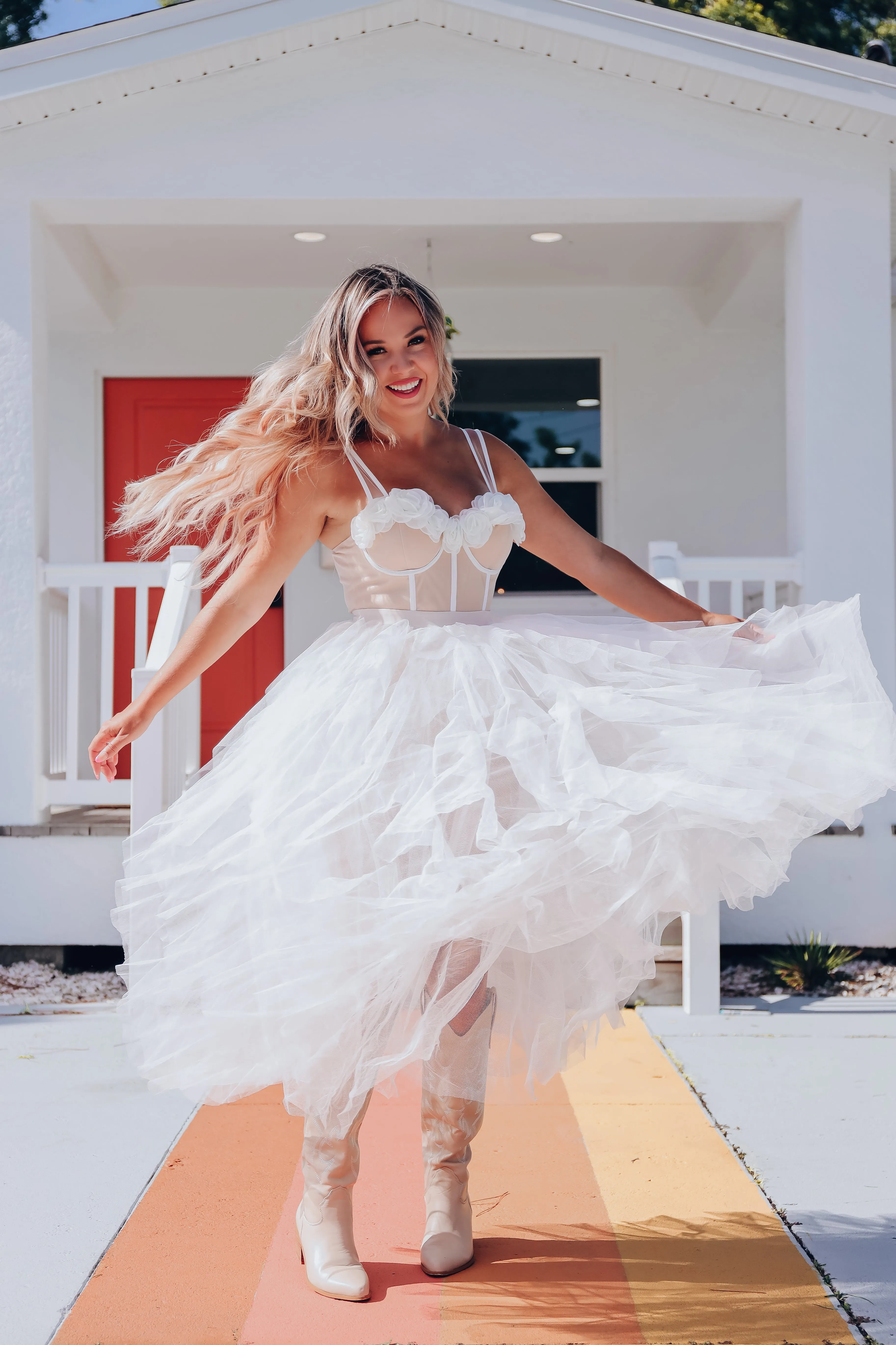 Romantic Rose Tulle Bodysuit Dress - White