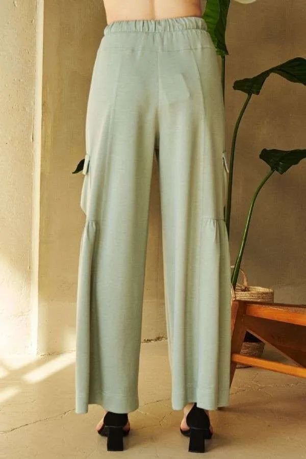 Sage Green Drawstring Ruched Detail Wide Leg Pants