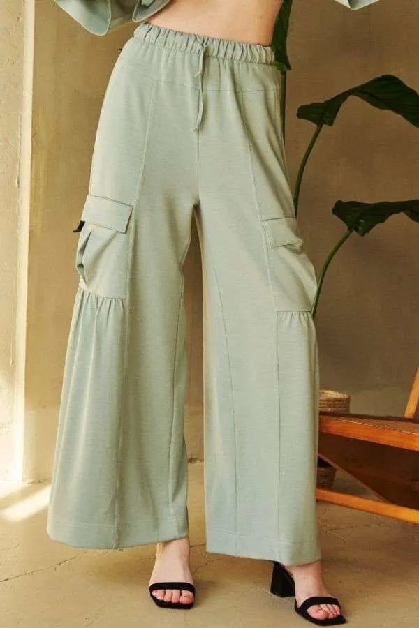 Sage Green Drawstring Ruched Detail Wide Leg Pants