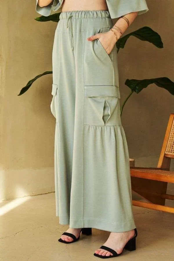 Sage Green Drawstring Ruched Detail Wide Leg Pants