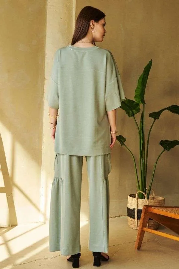Sage Green Drawstring Ruched Detail Wide Leg Pants