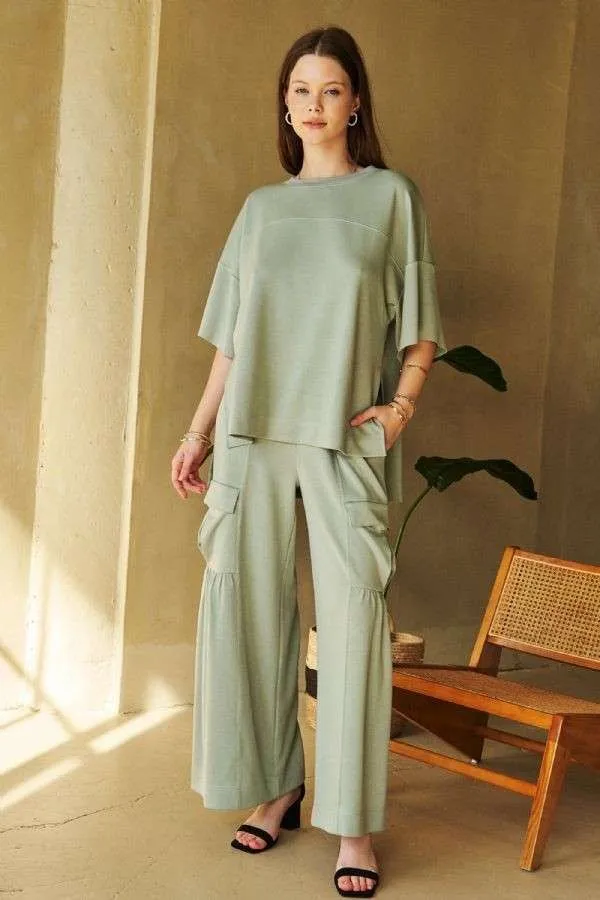Sage Green Drawstring Ruched Detail Wide Leg Pants