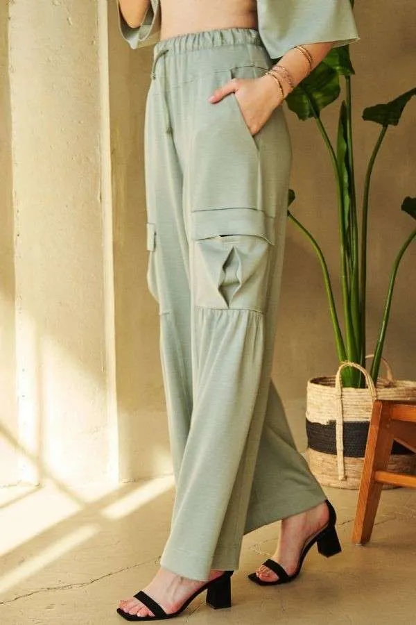 Sage Green Drawstring Ruched Detail Wide Leg Pants