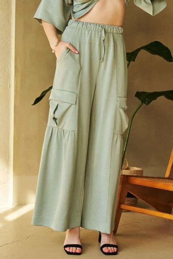 Sage Green Drawstring Ruched Detail Wide Leg Pants