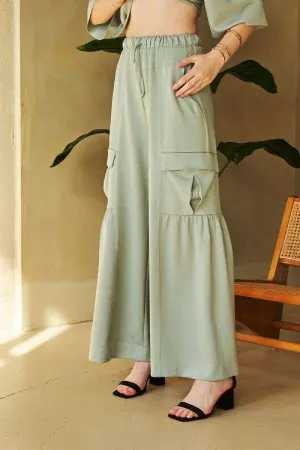 Sage Green Drawstring Ruched Detail Wide Leg Pants