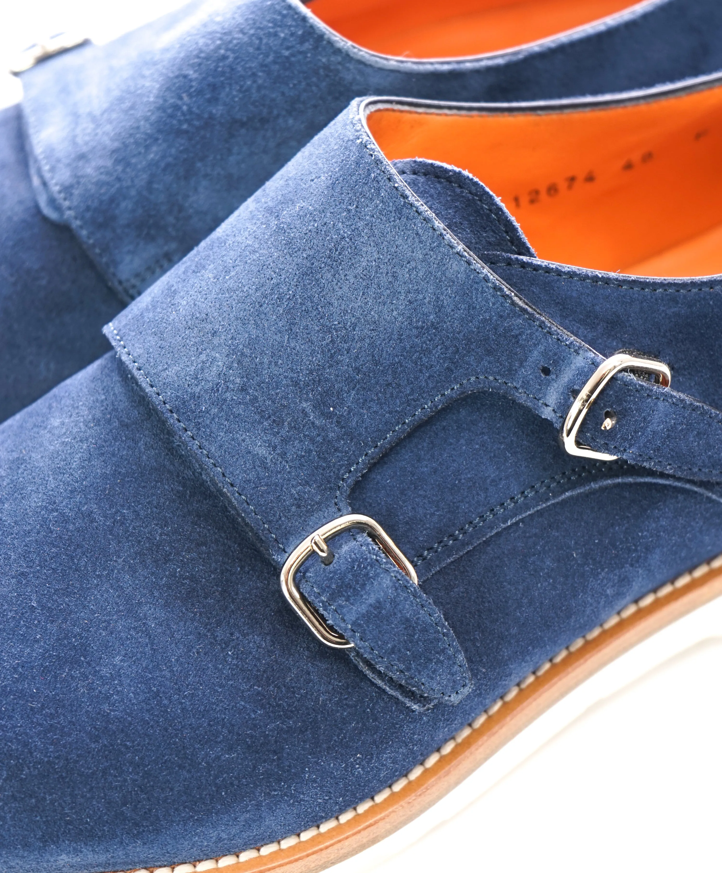 SANTONI - Powder Blue Suede Double Monk Strap Contrast Loafers - 9