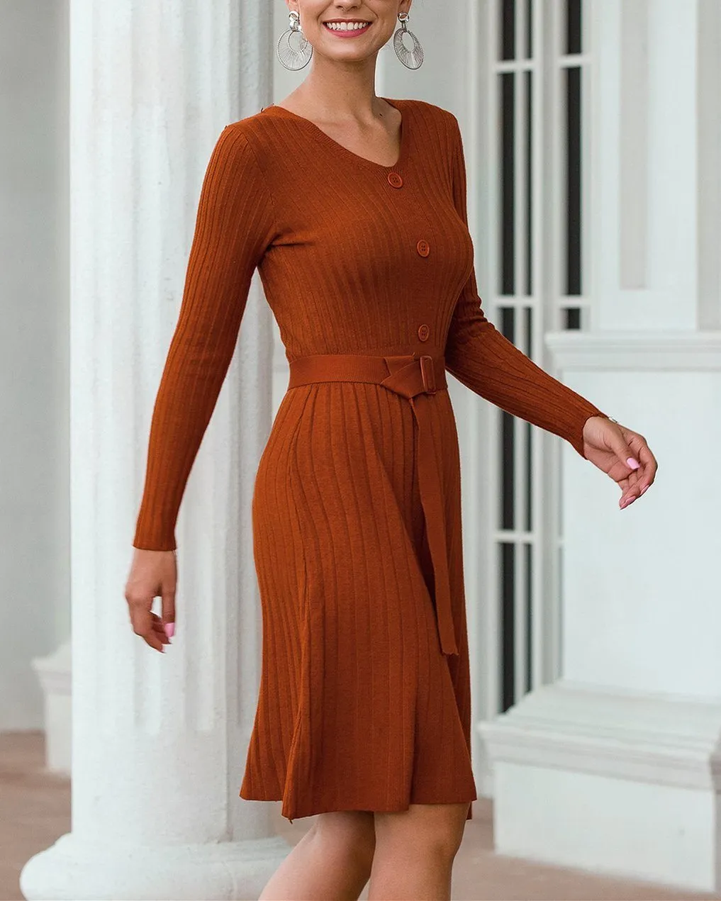See You Dream V-Neck Midi Dress - Brown