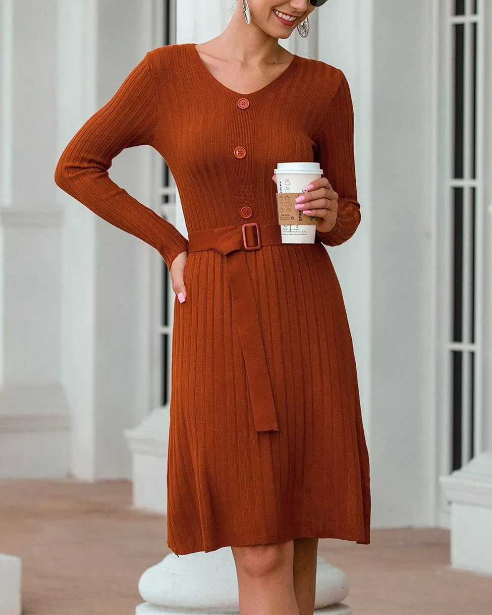 See You Dream V-Neck Midi Dress - Brown