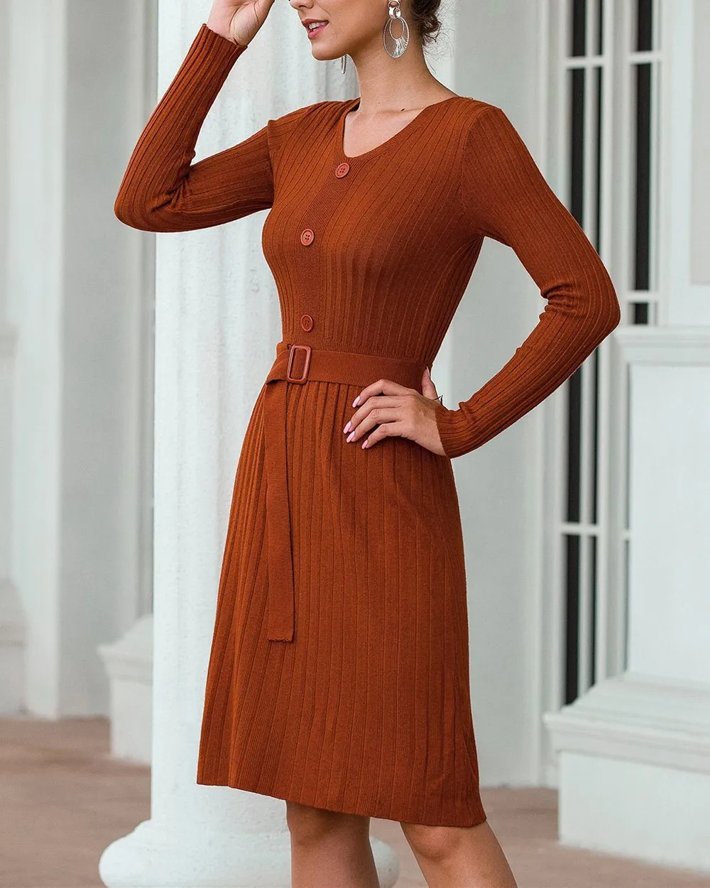 See You Dream V-Neck Midi Dress - Brown