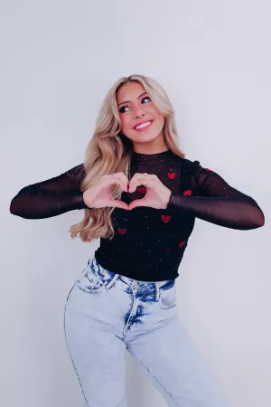 Smitten Heart Mesh Crop Top- Black