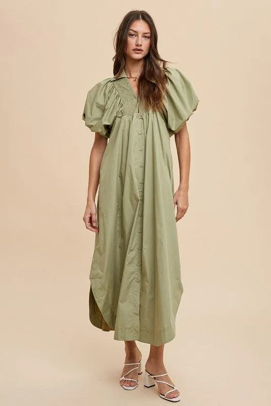 Smocked Puff Sleeve Midi Dress