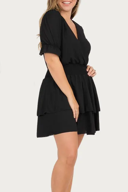 SMOCKED SURPLICE WOVEN MINI DRESS
