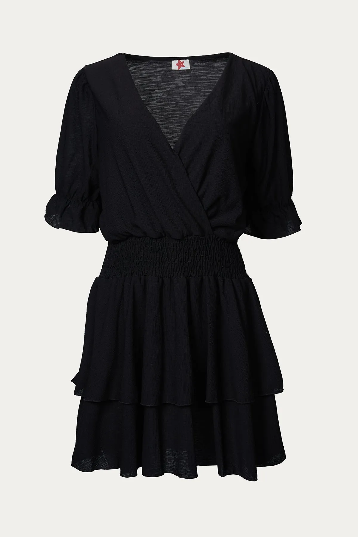 SMOCKED SURPLICE WOVEN MINI DRESS