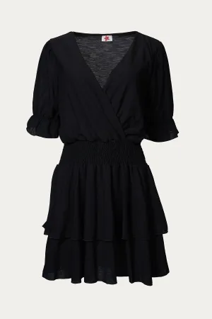 SMOCKED SURPLICE WOVEN MINI DRESS