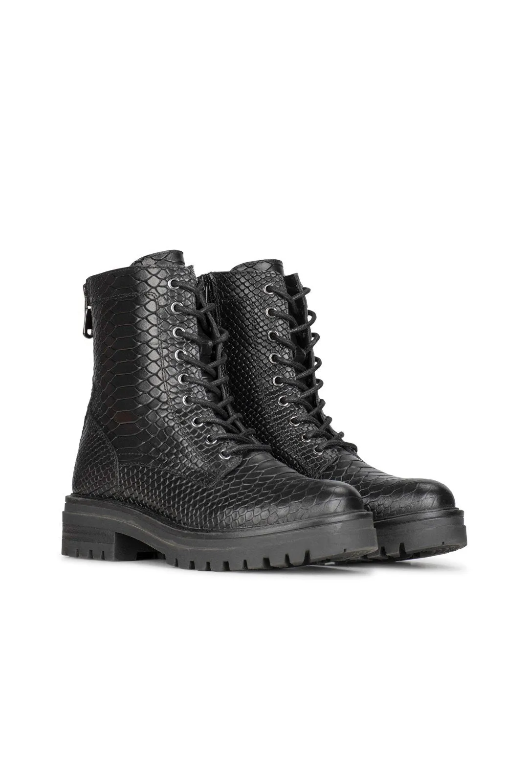 Snake print black leather lace-up boots