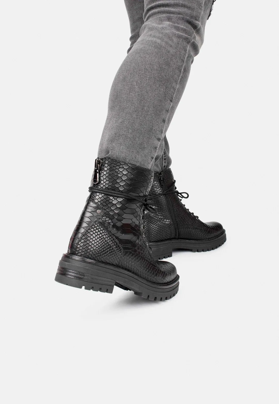 Snake print black leather lace-up boots