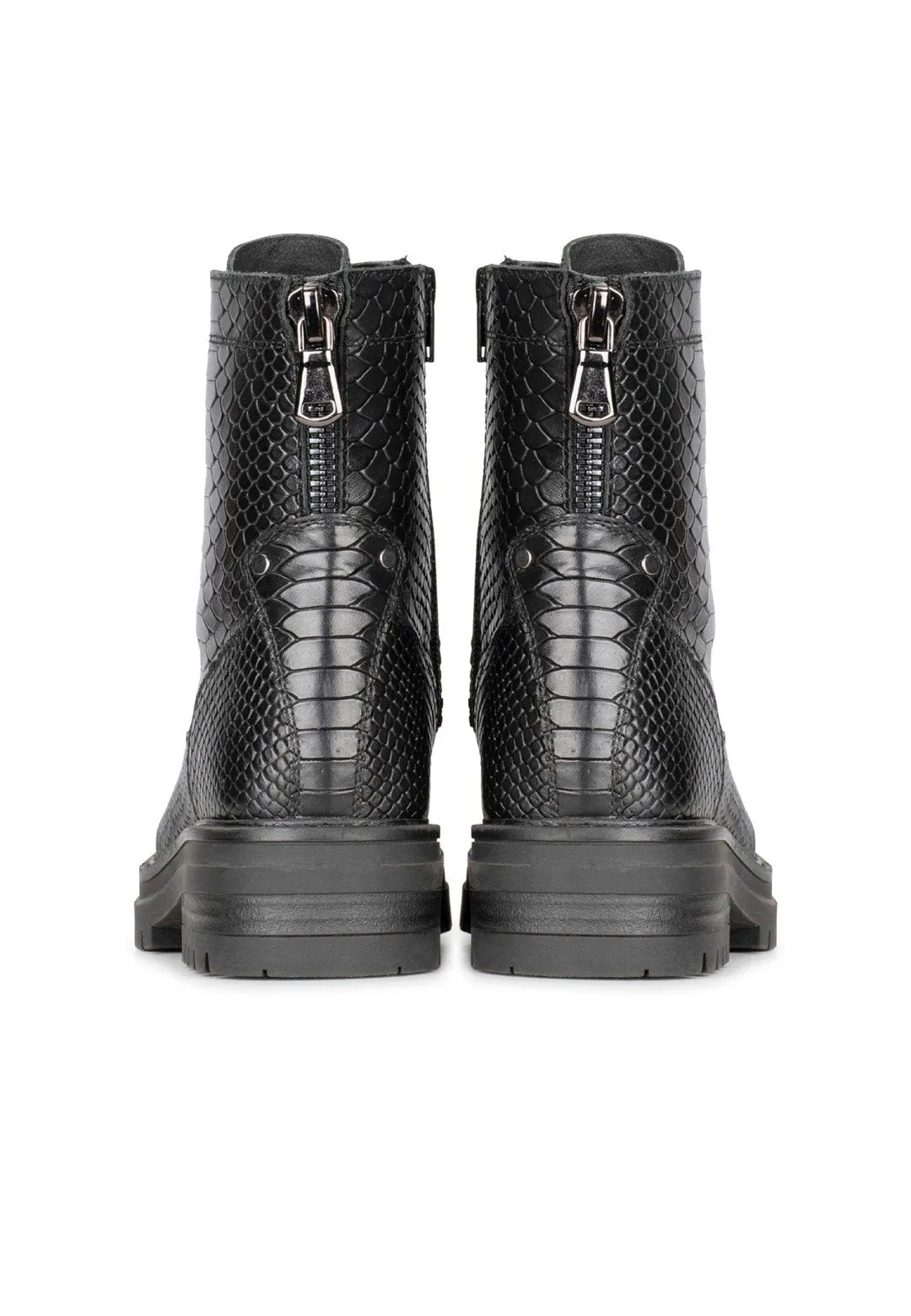 Snake print black leather lace-up boots