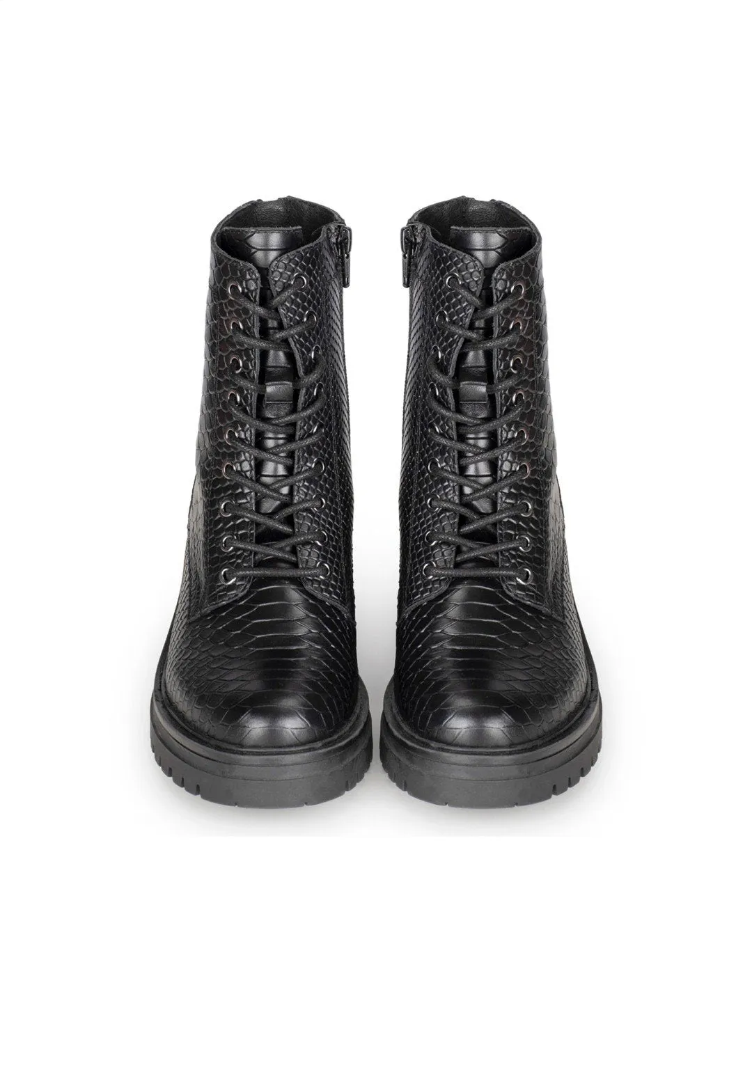 Snake print black leather lace-up boots