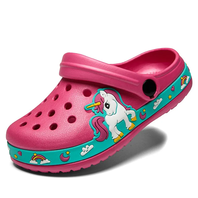 Summer Unicorn or Dirosaur Appliqued Beach Anti-slip Flat Sandals - Purple, Blue, Black, Pink