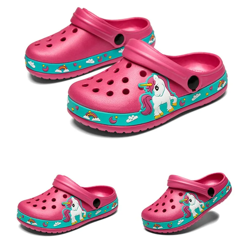 Summer Unicorn or Dirosaur Appliqued Beach Anti-slip Flat Sandals - Purple, Blue, Black, Pink