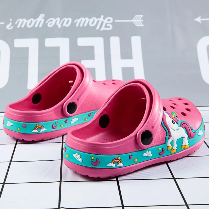 Summer Unicorn or Dirosaur Appliqued Beach Anti-slip Flat Sandals - Purple, Blue, Black, Pink