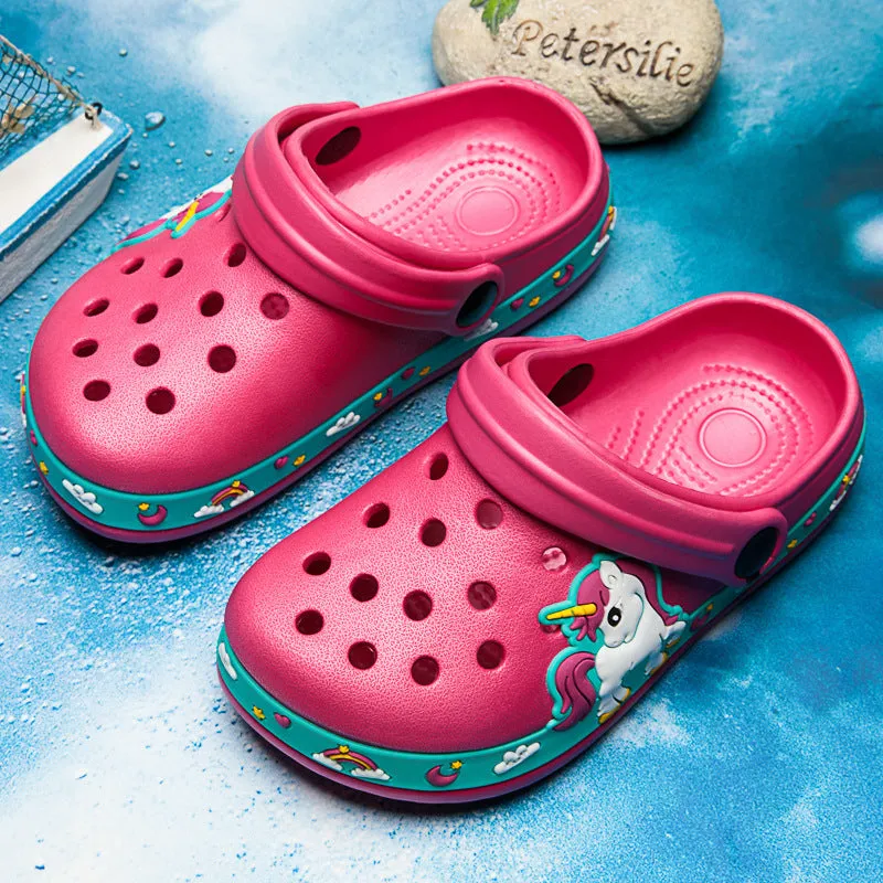 Summer Unicorn or Dirosaur Appliqued Beach Anti-slip Flat Sandals - Purple, Blue, Black, Pink