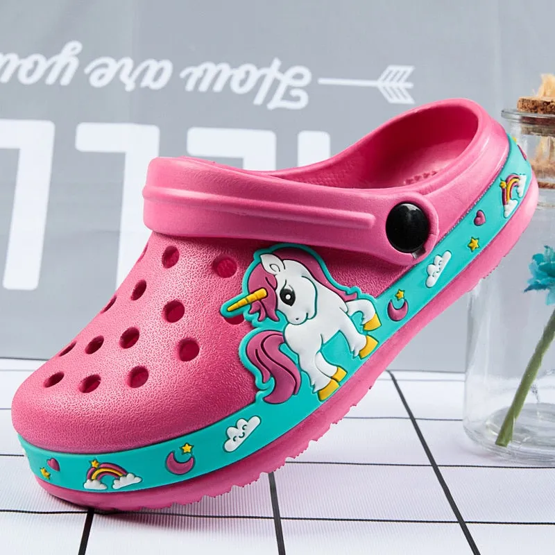 Summer Unicorn or Dirosaur Appliqued Beach Anti-slip Flat Sandals - Purple, Blue, Black, Pink